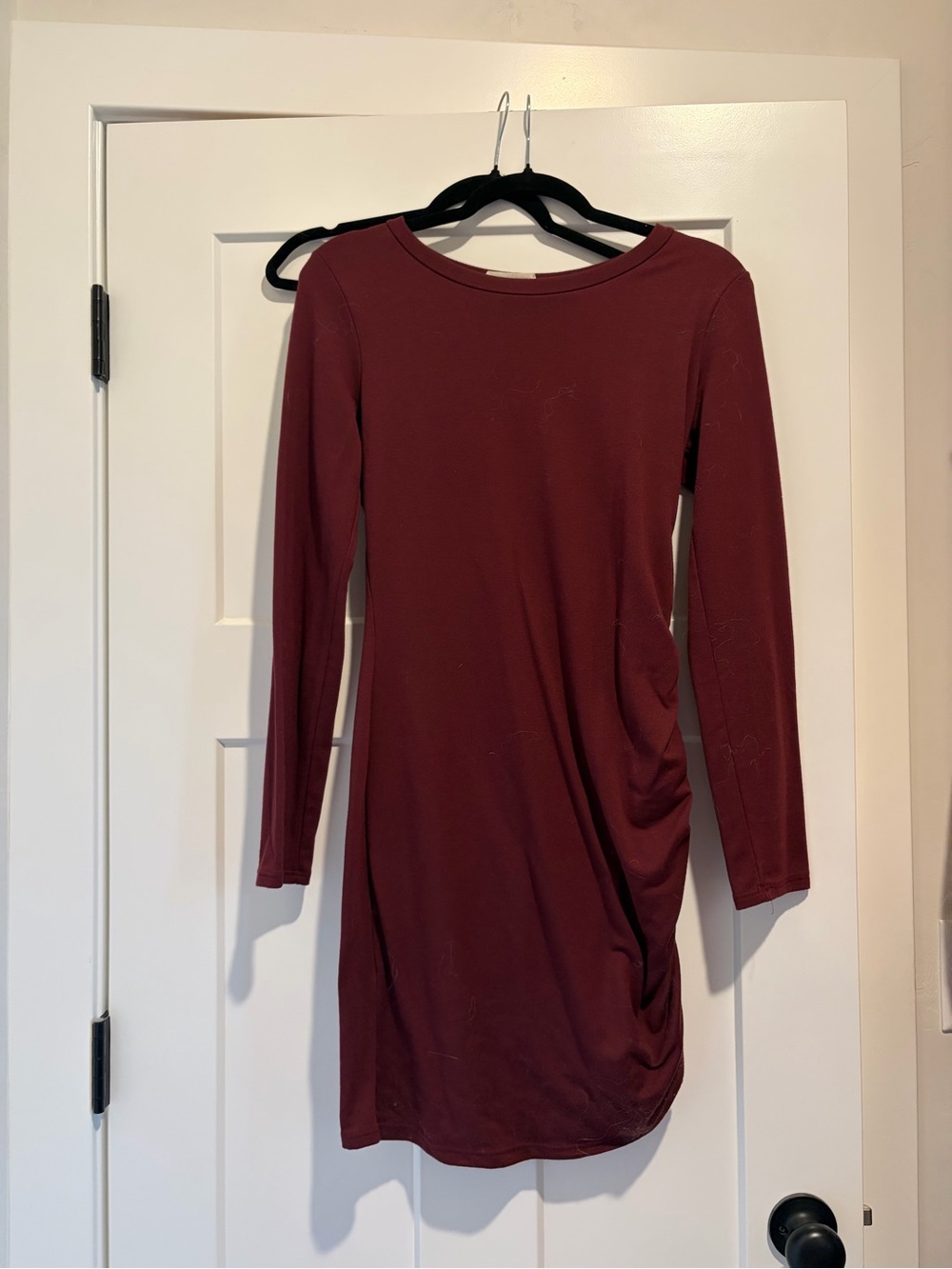 Long Sleeve Mini Dress with Side Ruching - Burgundy